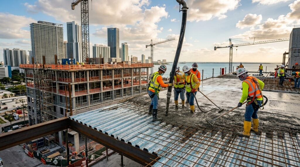 Epicore® composite steel deck installation on a multi-story Florida construction project, showing deck panels in place before concrete pour.