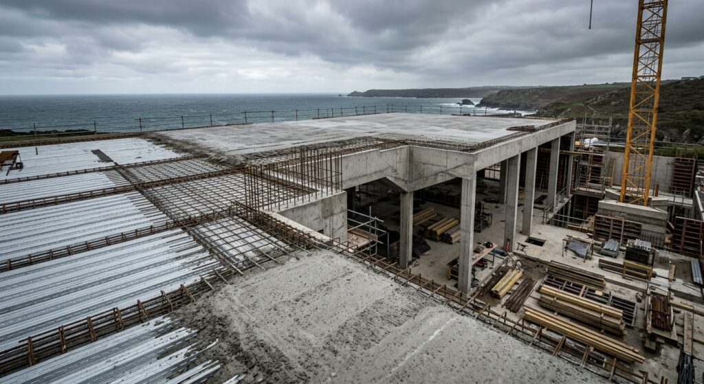 Reinforced concrete roof deck with composite metal deck panels under construction at a coastal building site